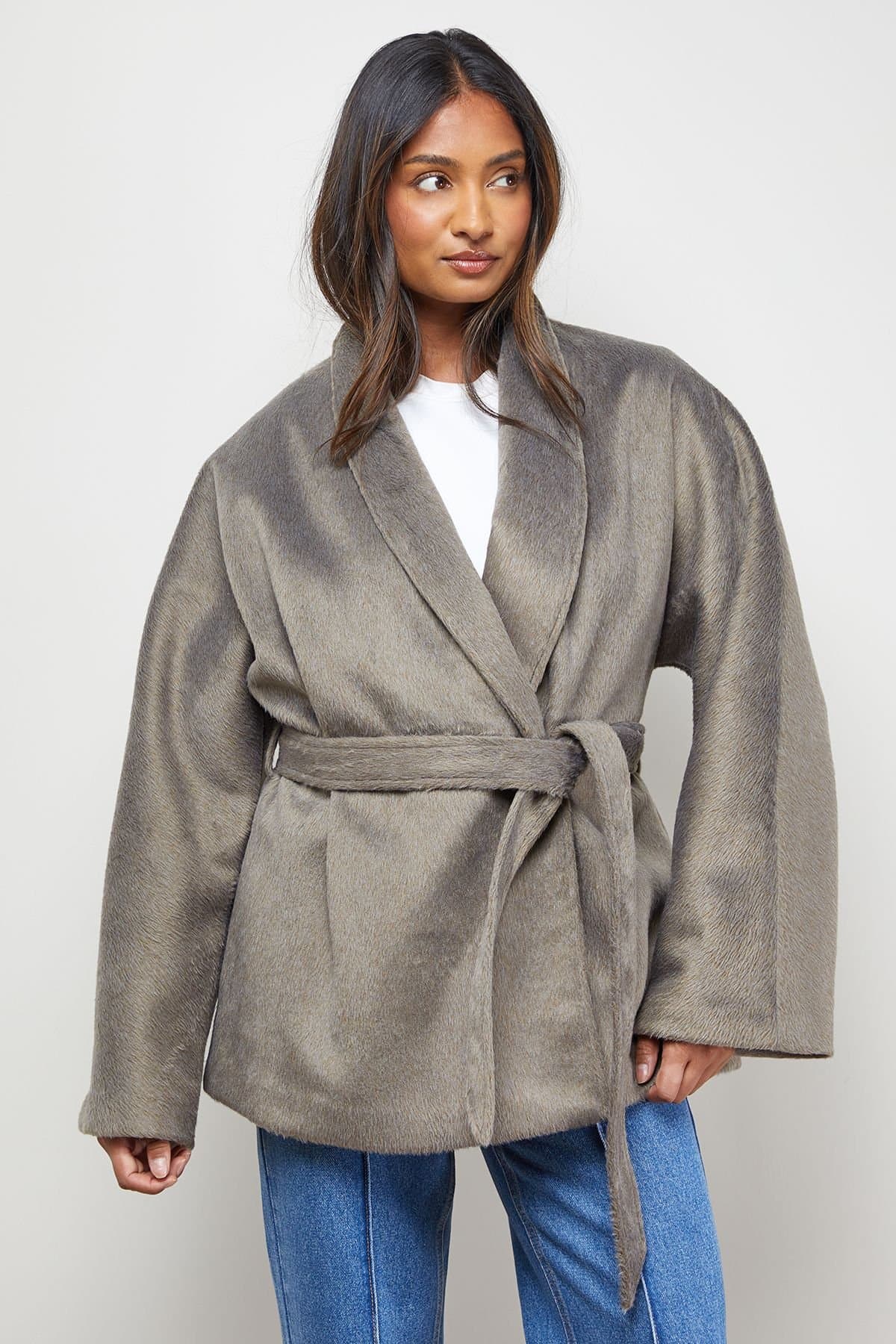 Oasis Oasis Women's Wrap Detail Belted Short Coat in Grey