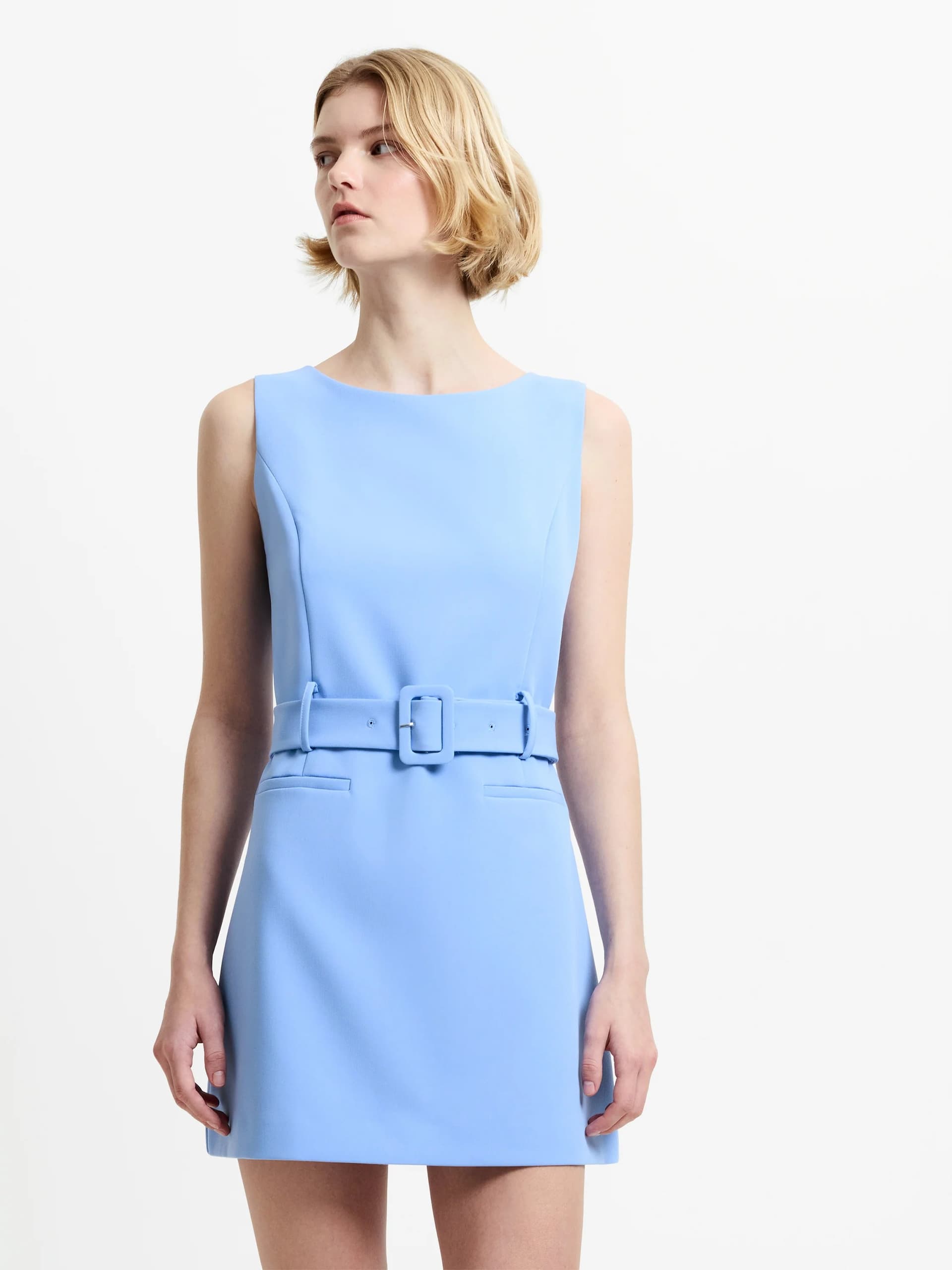 French Connection Azra Twill Tailored Belted Mini Dress Light Blue Hydrangea