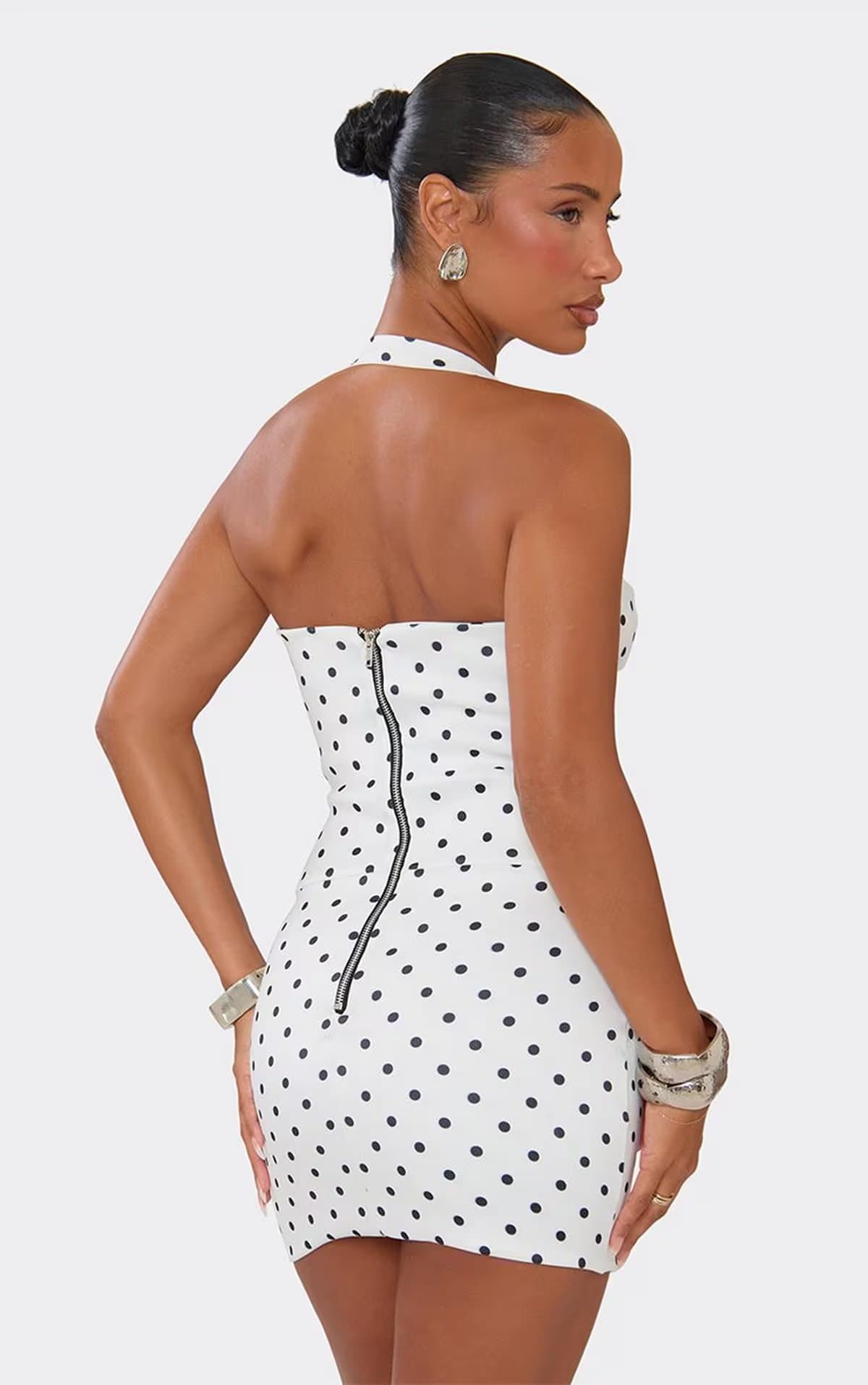 EGO Halterneck Corset Mini Dress In White Polka Dot, Women's Size UK 6
