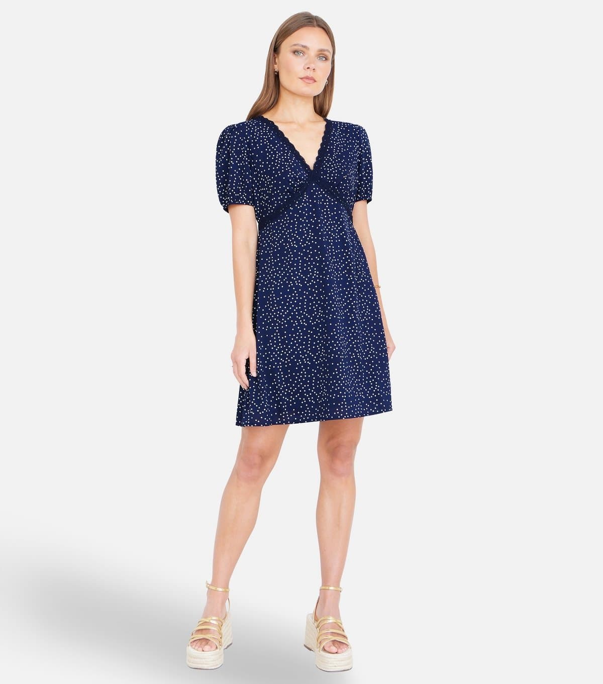 Yumi Women's Navy Spot Print Lace Trim Mini Dress Yumi New Look