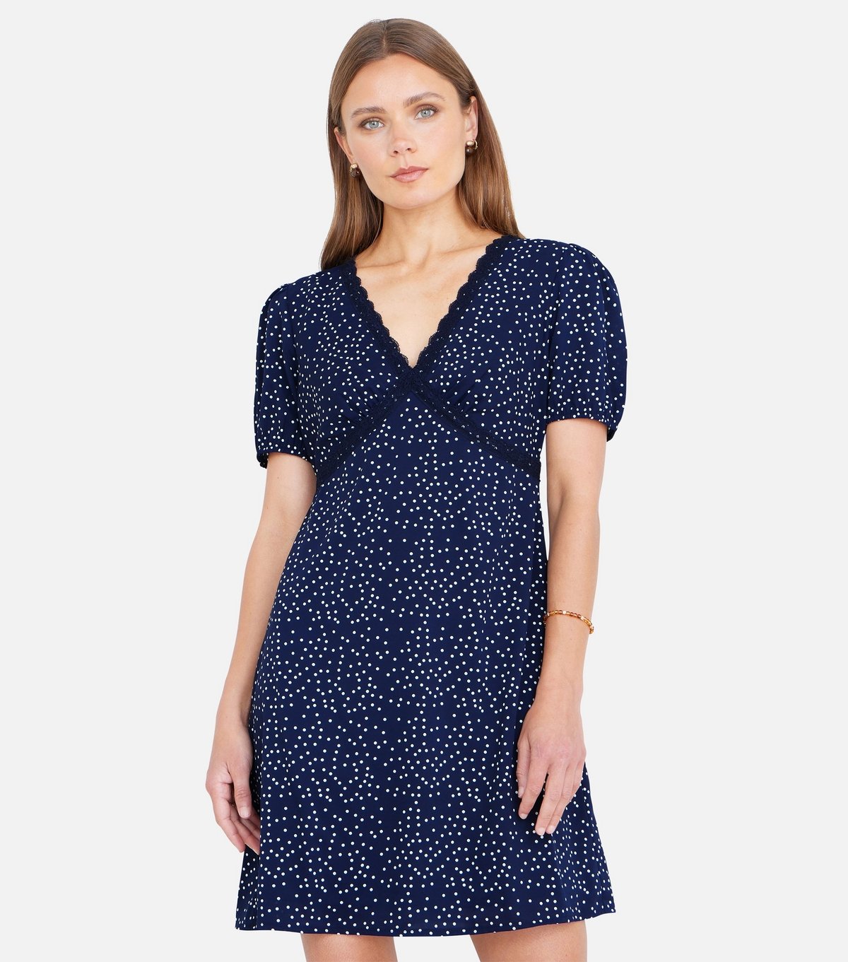 Yumi Women's Navy Spot Print Lace Trim Mini Dress Yumi New Look - 2