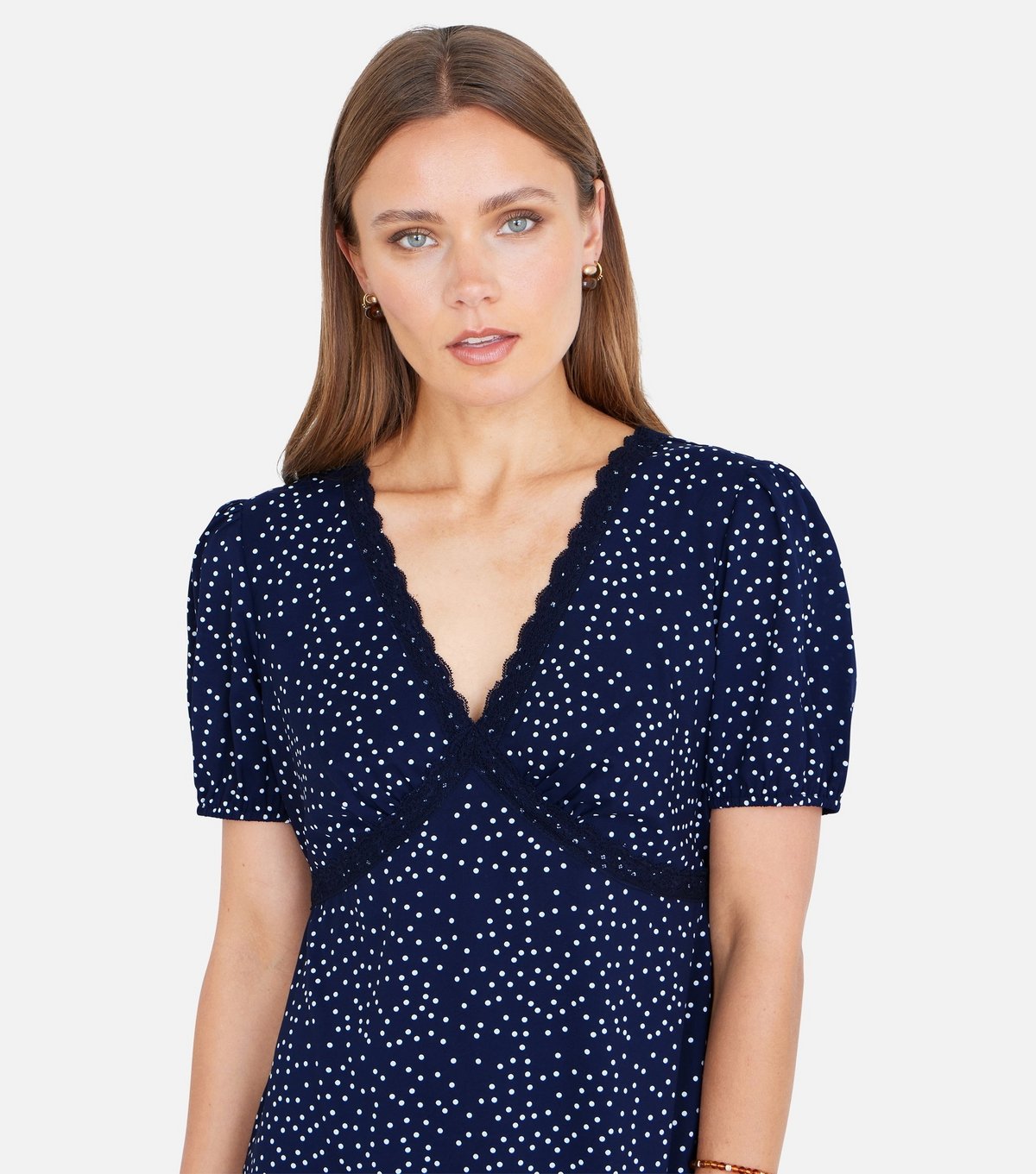 Yumi Women's Navy Spot Print Lace Trim Mini Dress Yumi New Look - 4