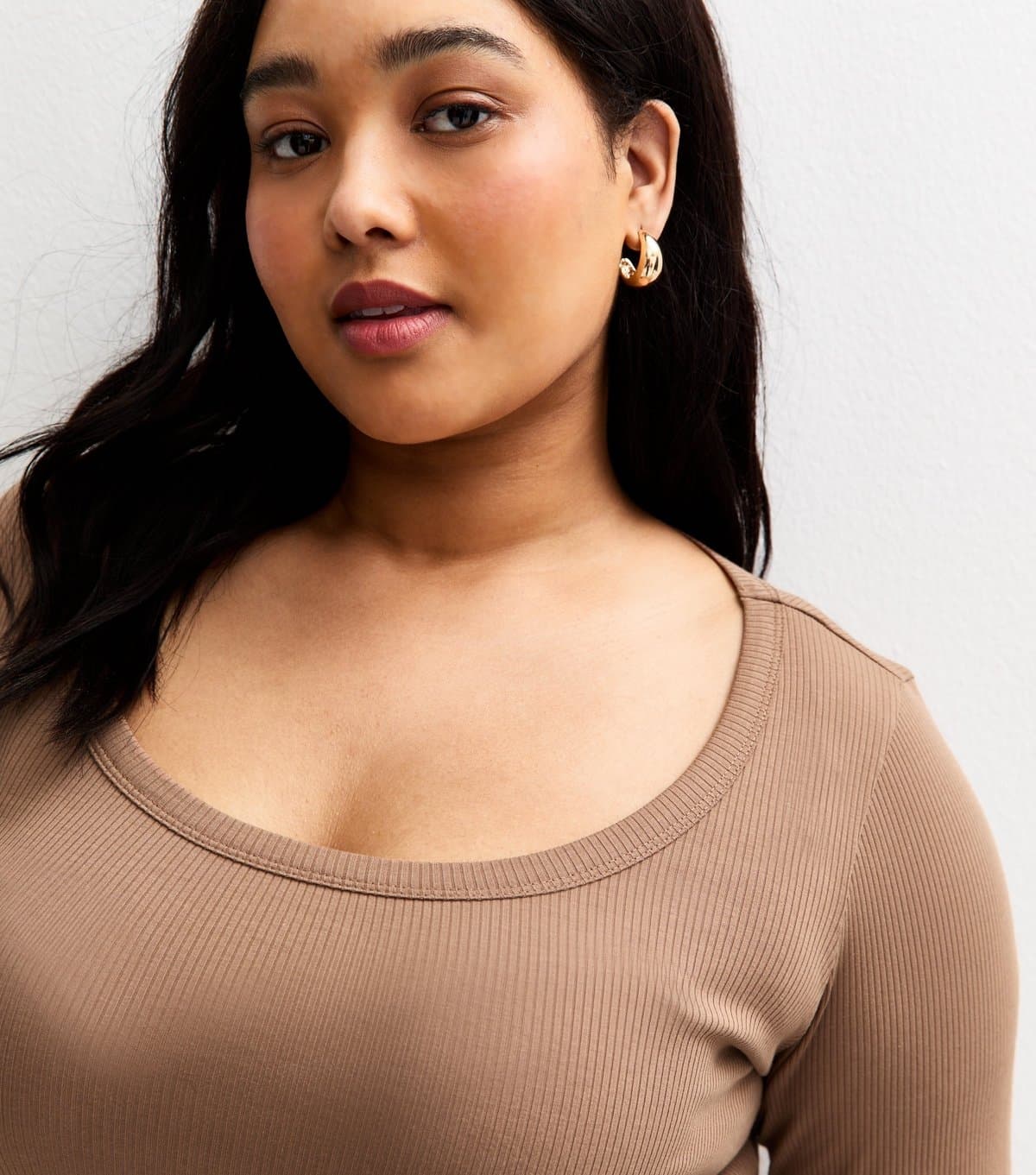 New Look Women's Plus Size Light Brown Long Sleeve Scooped Neck Top Curves New Look