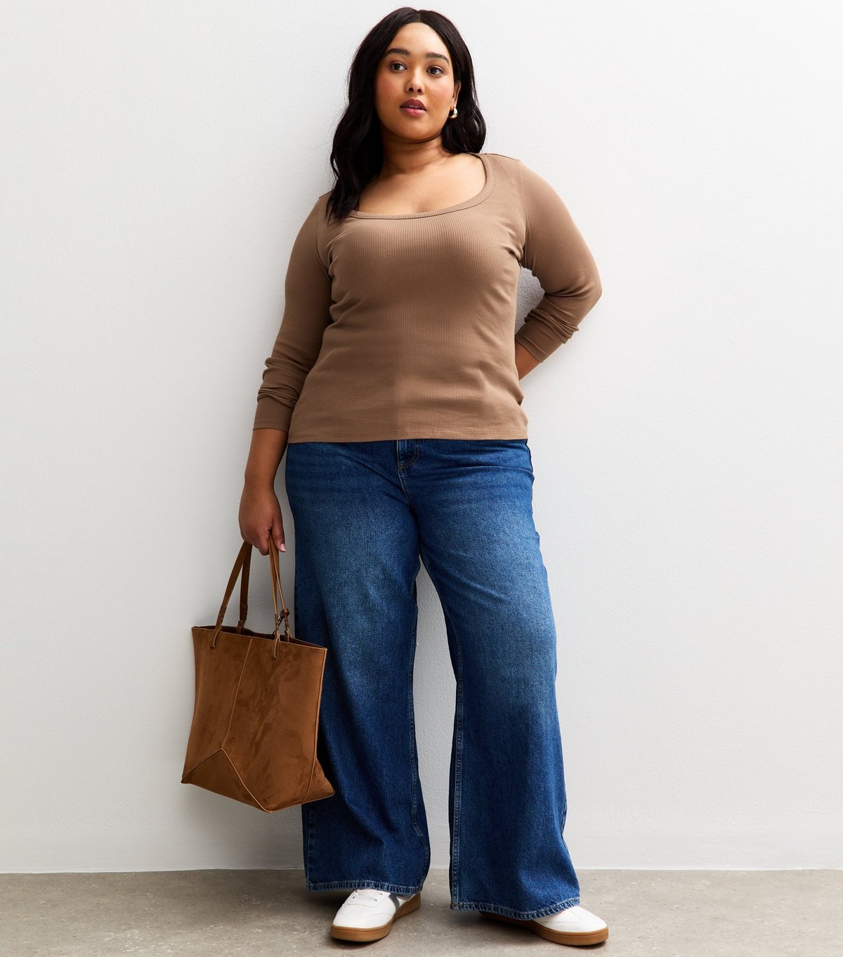 New Look Women's Plus Size Light Brown Long Sleeve Scooped Neck Top Curves New Look - 2