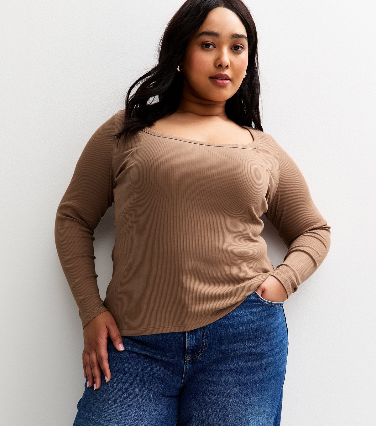 New Look Women's Plus Size Light Brown Long Sleeve Scooped Neck Top Curves New Look - 3