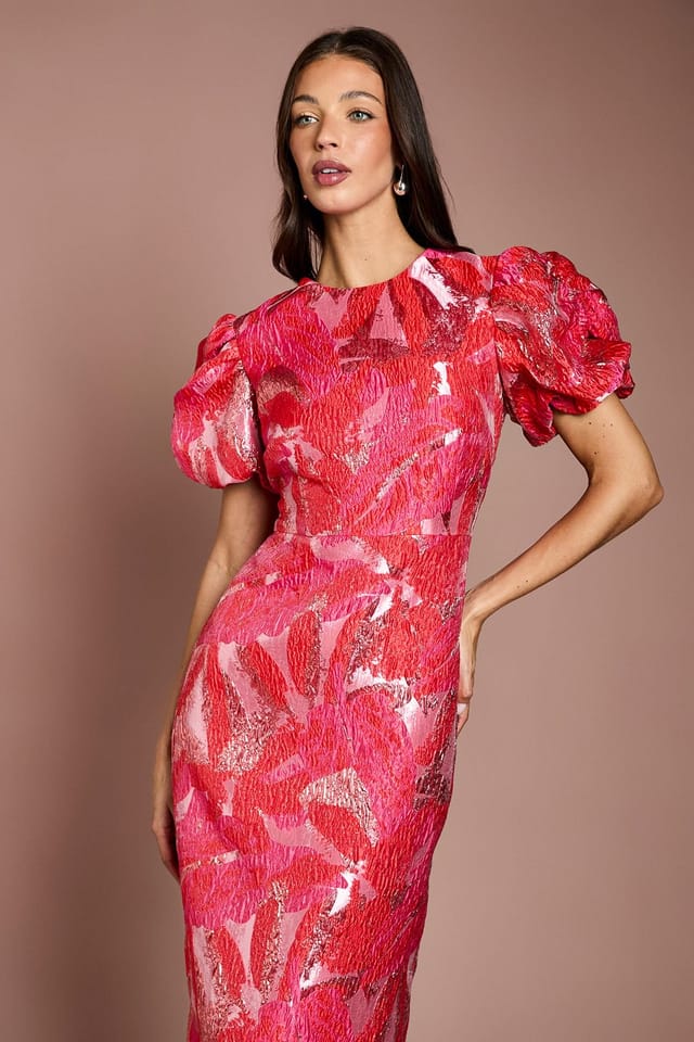 Coast Coast Women's Metallic Jacquard Puff Sleeve Pencil Dress in Red - 2