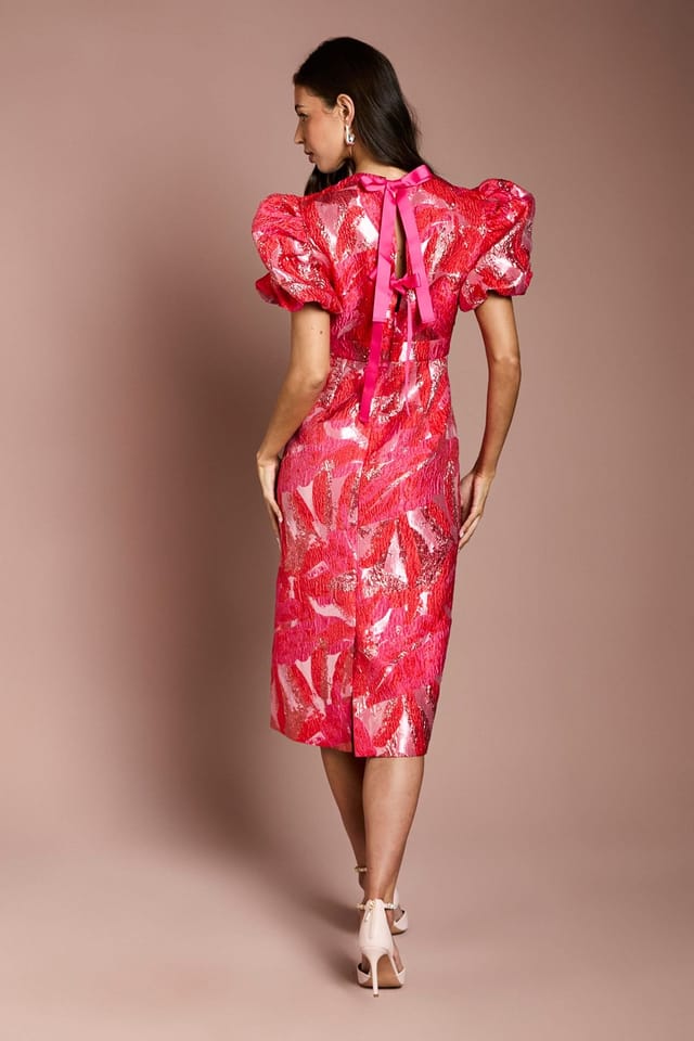 Coast Coast Women's Metallic Jacquard Puff Sleeve Pencil Dress in Red - 3