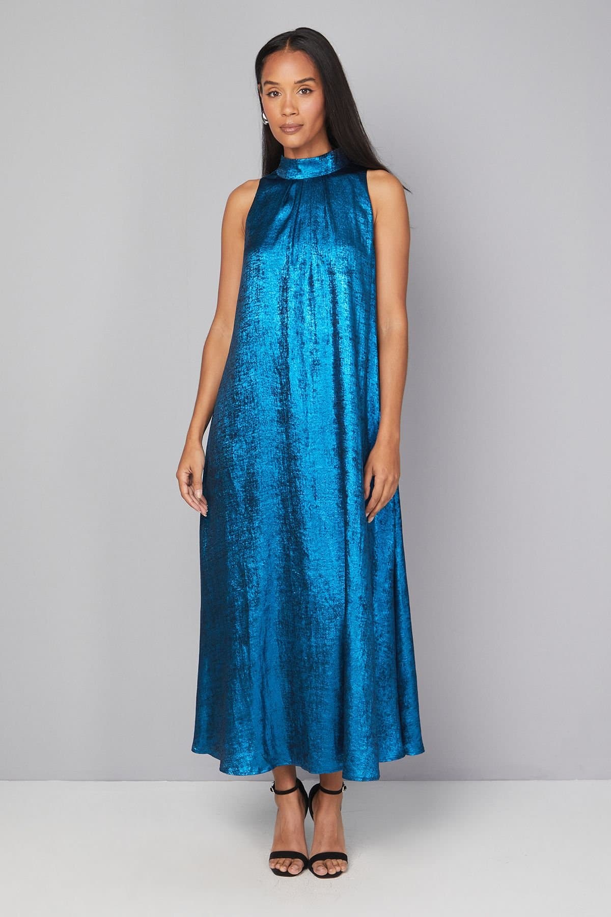 Principles Principles Women's Metallic Halterneck Maxi Dress in Blue