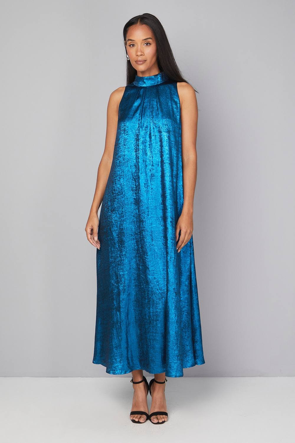 Principles Principles Women's Metallic Halterneck Maxi Dress in Blue - 2