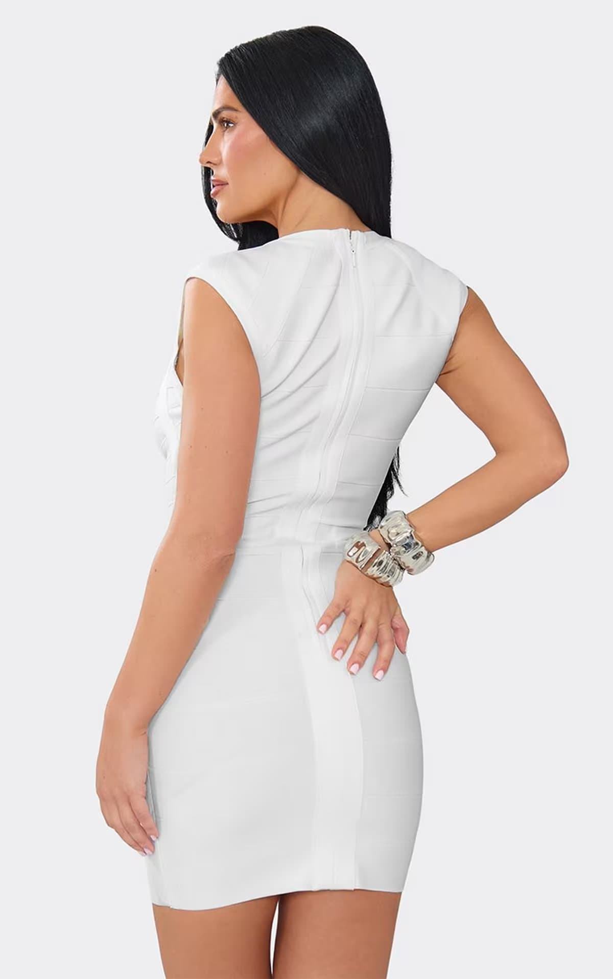 EGO Capped Sleeve Plunge Neck Mini Bandage Dress In White, Women's Size UK 6