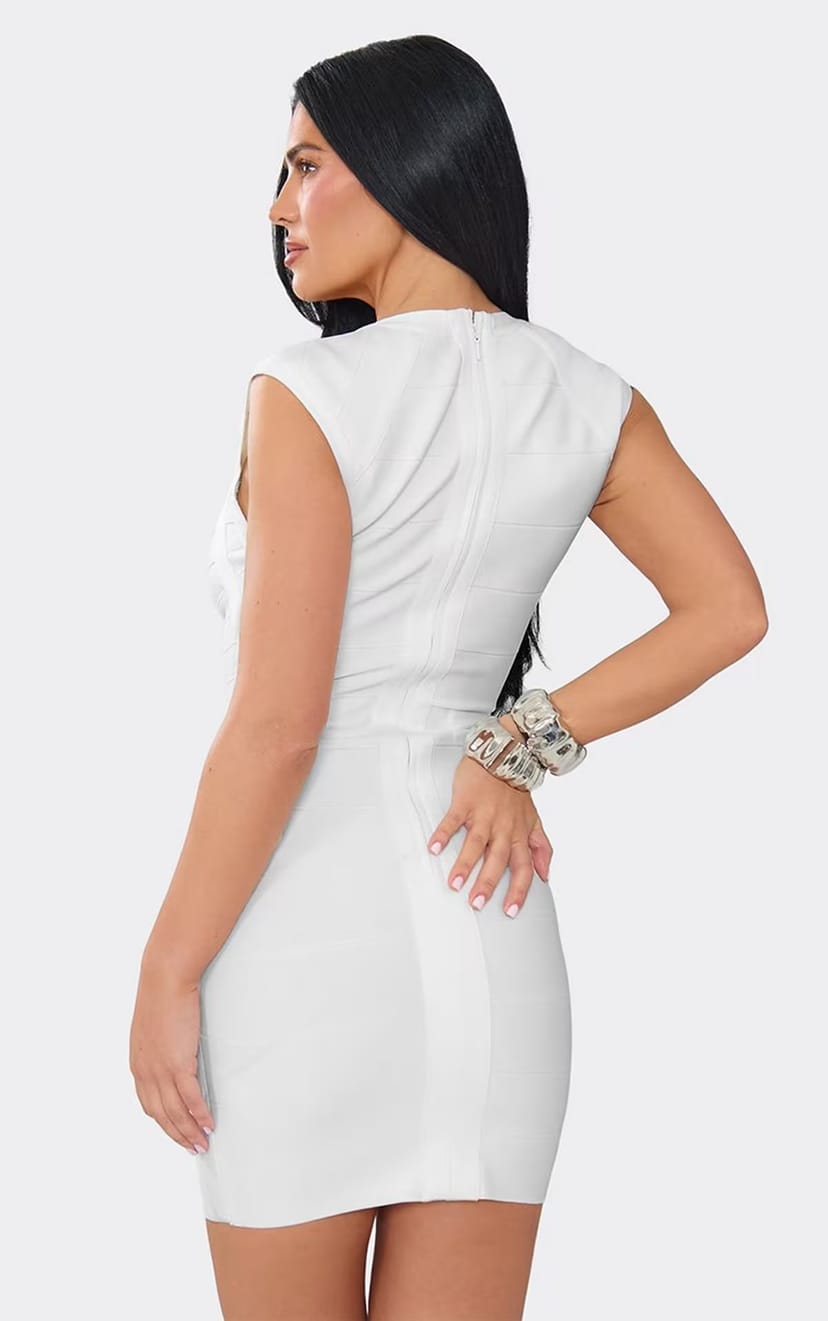EGO Capped Sleeve Plunge Neck Mini Bandage Dress In White, Women's Size UK 6 - 1