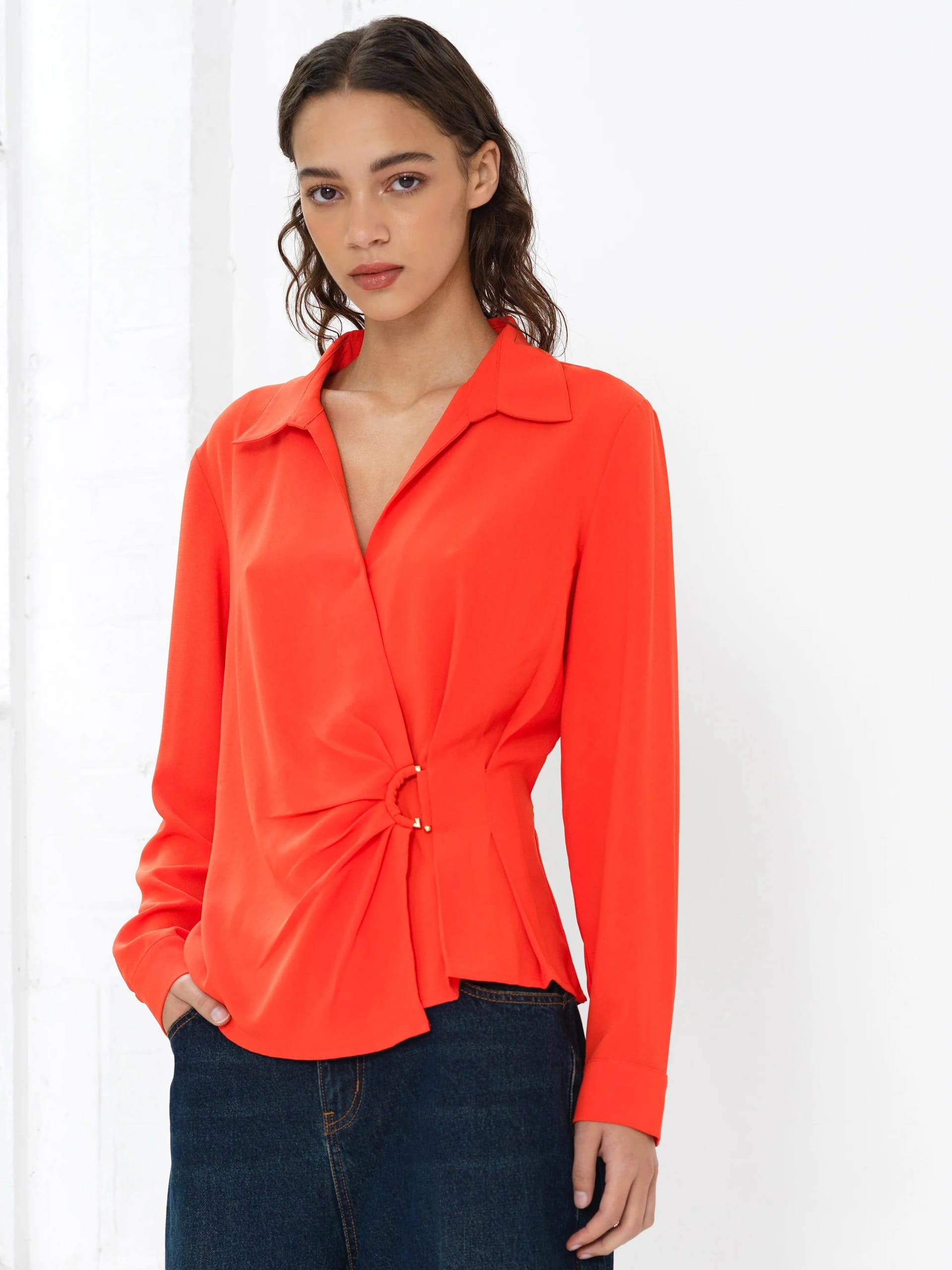 French Connection Thelma Orange Long Sleeve Wrapover Shirt