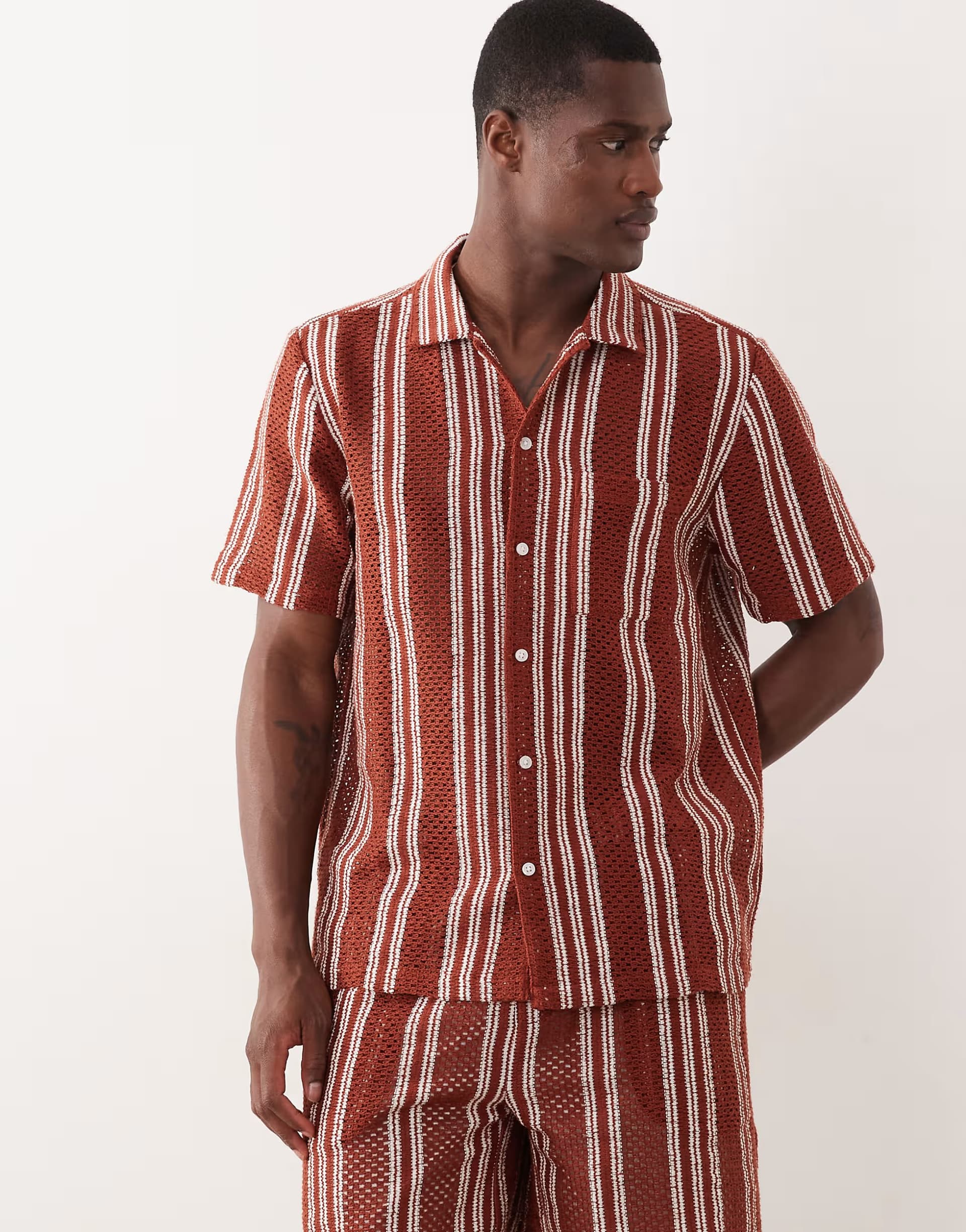 ASOS New Look co-ord crochet stripe shirt in rust