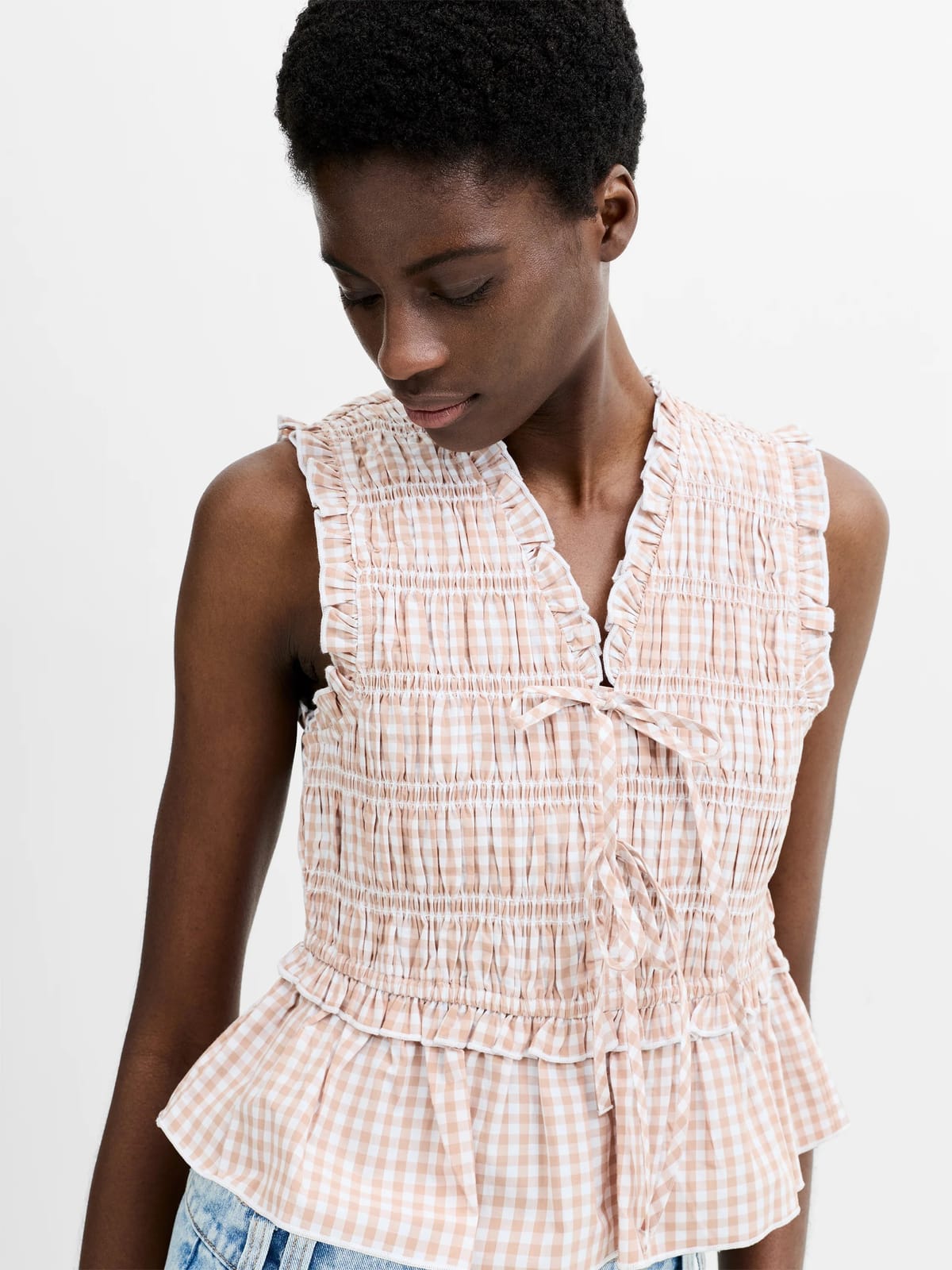 French Connection Rhodes Poplin Gingham Smocked Tie Up Peplum Top Petite Gingham In Almond Nude - 1