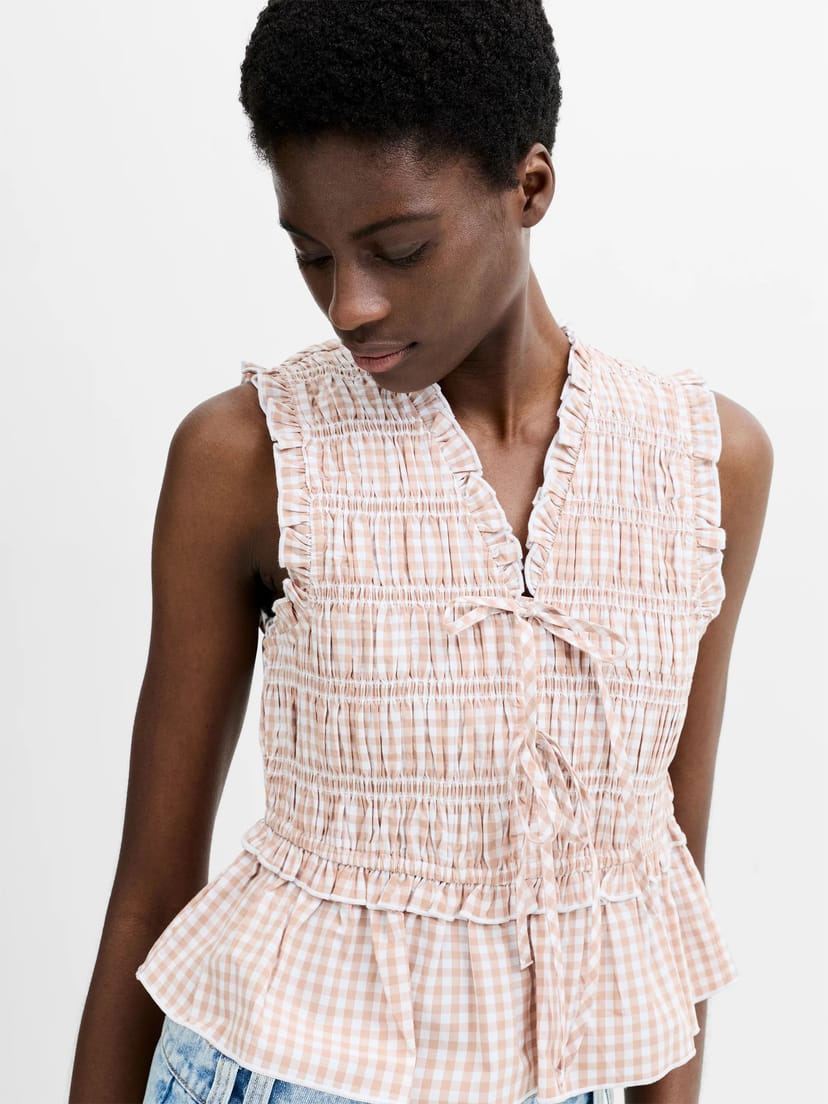 French Connection Rhodes Poplin Gingham Smocked Tie Up Peplum Top Petite Gingham In Almond Nude - 1