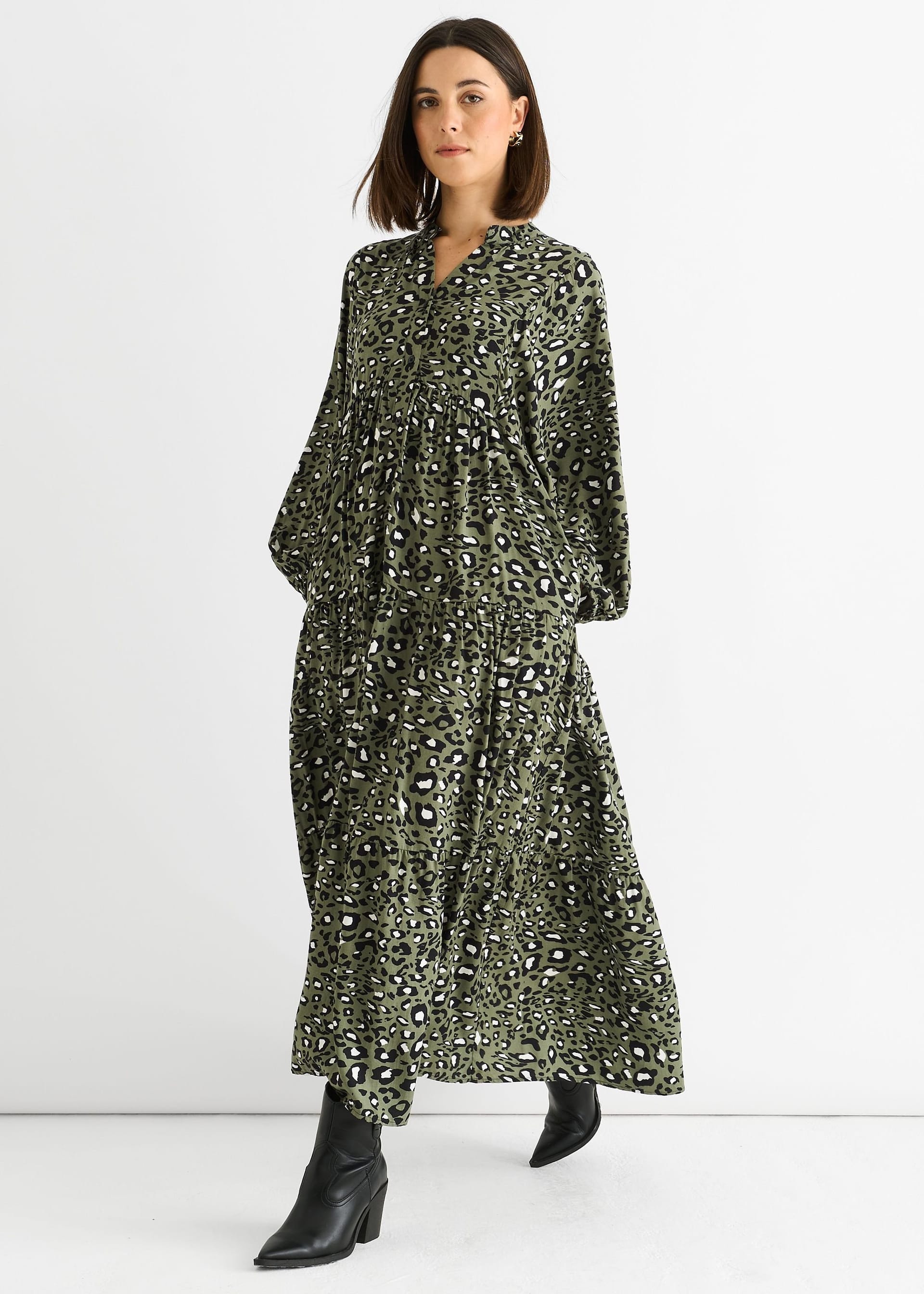 Gini London Khaki Animal Print Oversized Smock Maxi Dress