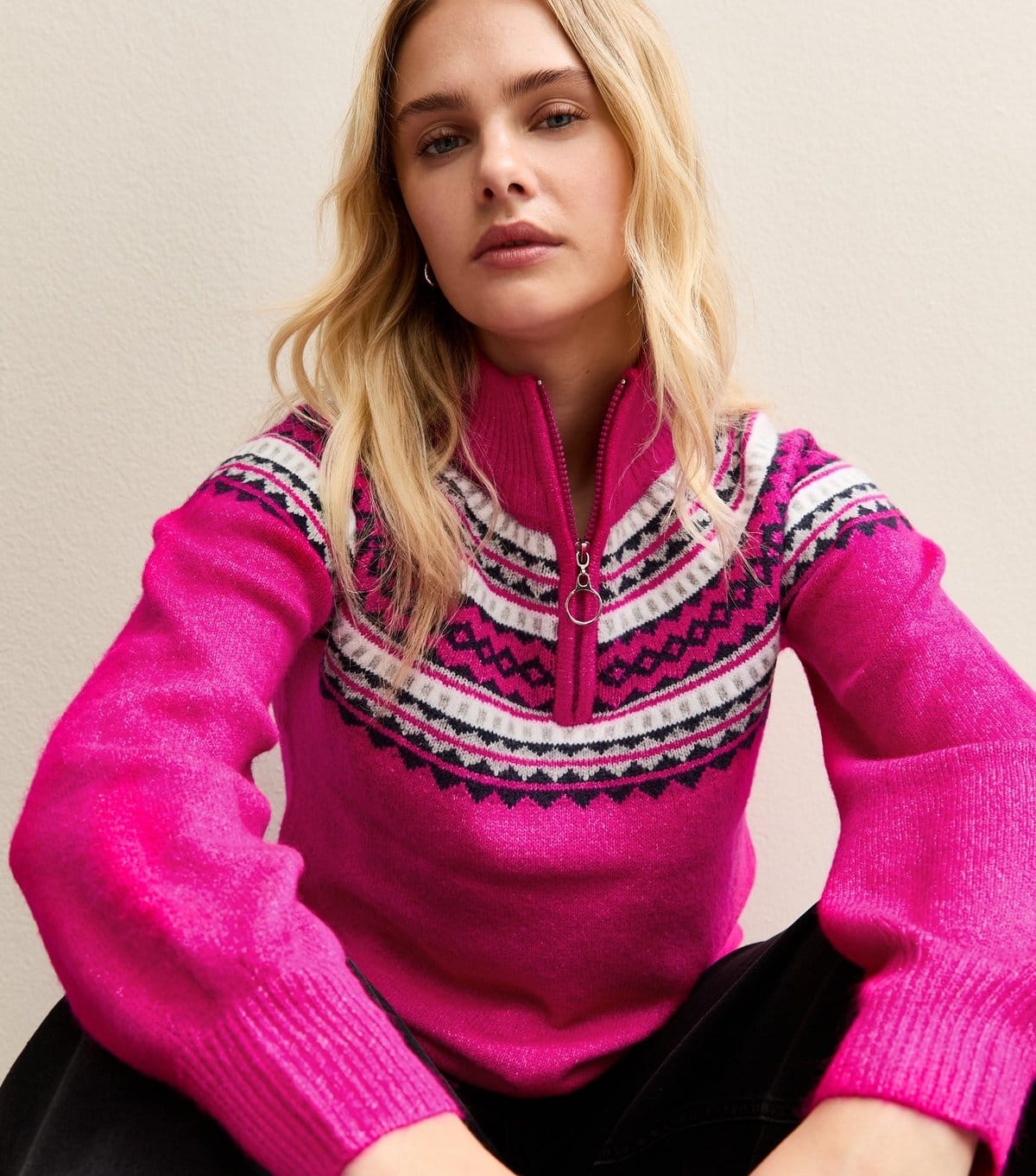 Sunshine Soul Bright Pink Fair Isle Quarter Zip Jumper