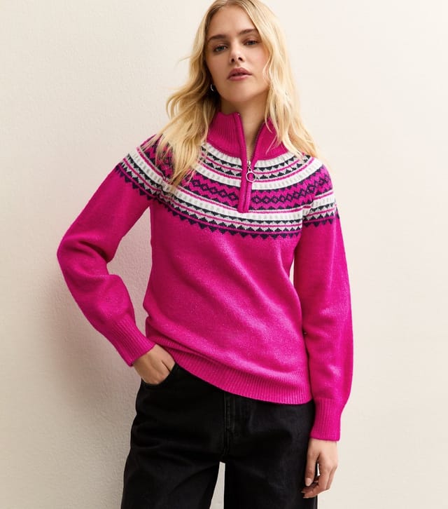 Sunshine Soul Women's Bright Pink Fair Isle Quarter Zip Jumper Sunshine Soul New Look - 2