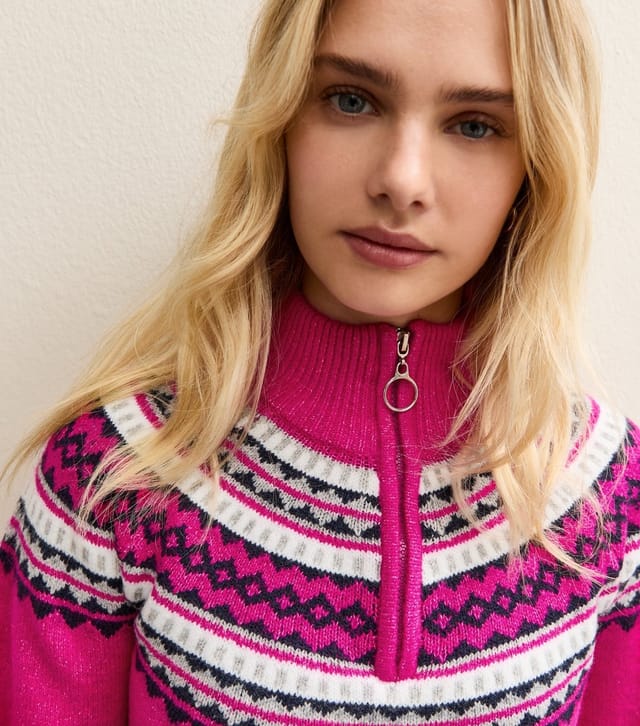 Sunshine Soul Women's Bright Pink Fair Isle Quarter Zip Jumper Sunshine Soul New Look - 3