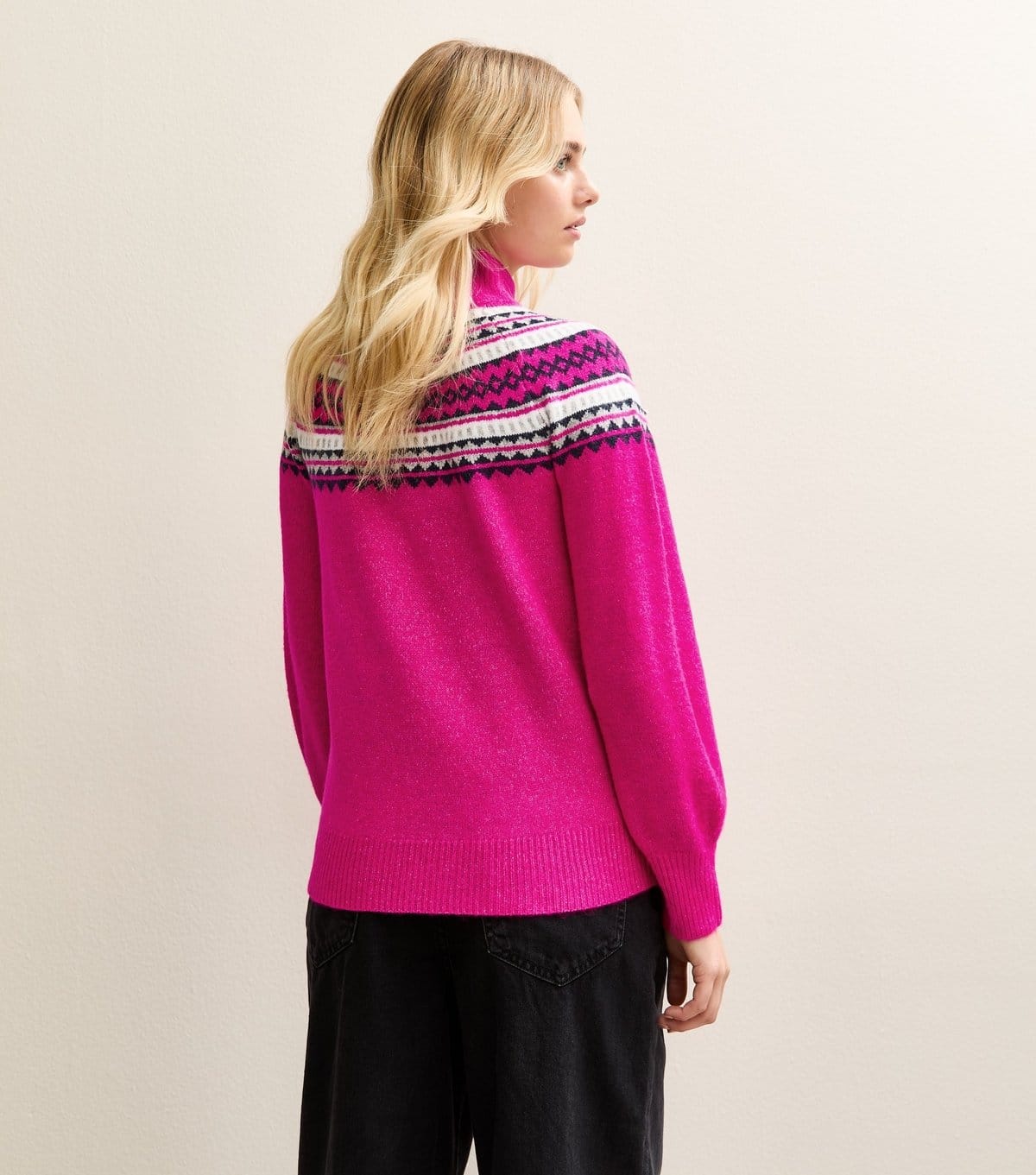 Sunshine Soul Women's Bright Pink Fair Isle Quarter Zip Jumper Sunshine Soul New Look - 4