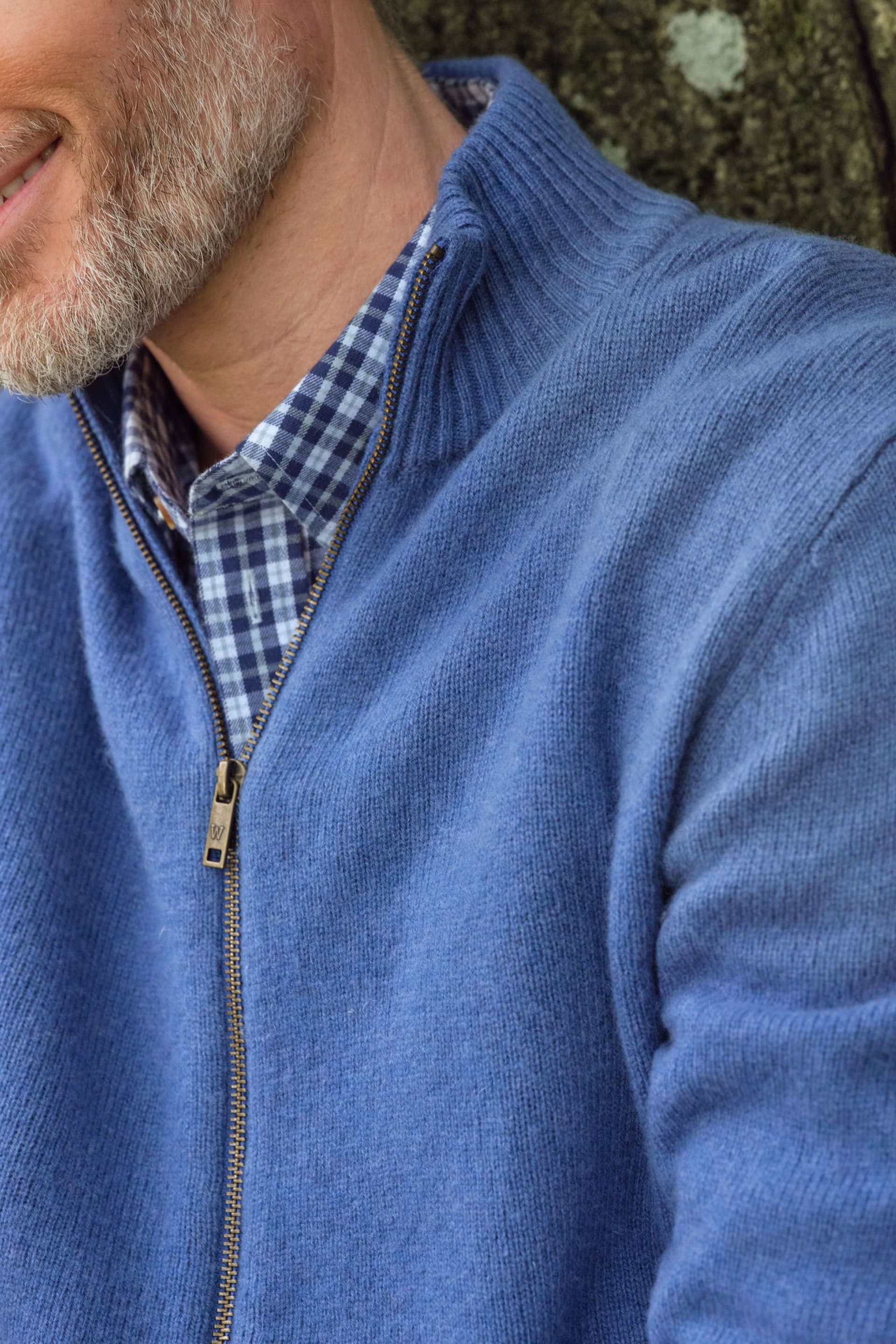 WoolOvers WoolOvers Men's 100% Wool Lincoln Zipper Cardigan in Mid Blue