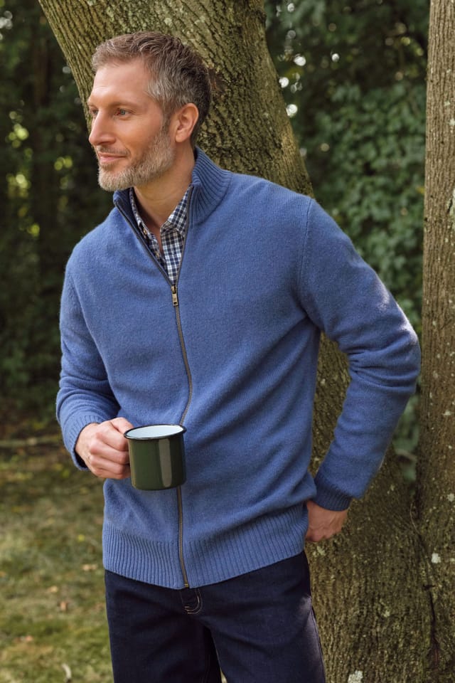 WoolOvers WoolOvers Men's 100% Wool Lincoln Zipper Cardigan in Mid Blue - 2
