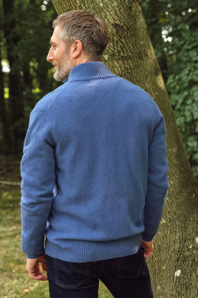WoolOvers WoolOvers Men's 100% Wool Lincoln Zipper Cardigan in Mid Blue - 3