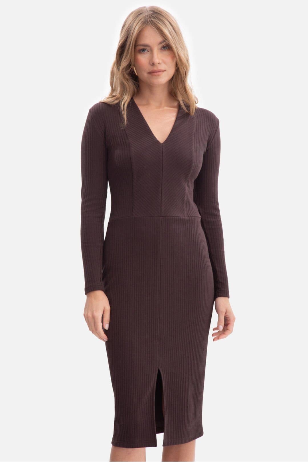 Love Lace Love Lace Women's Ribbed V Neck Midi Fitted Dress with Slit Style 218635 in Brown