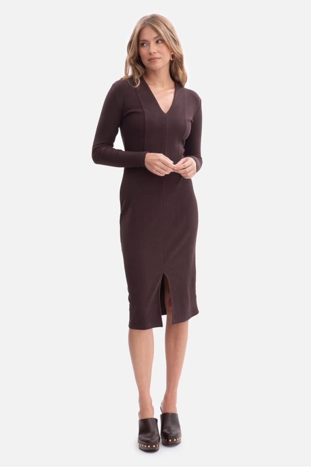 Love Lace Love Lace Women's Ribbed V Neck Midi Fitted Dress with Slit Style 218635 in Brown - 2