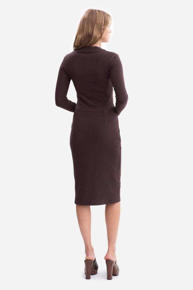 Love Lace Love Lace Women's Ribbed V Neck Midi Fitted Dress with Slit Style 218635 in Brown - 3