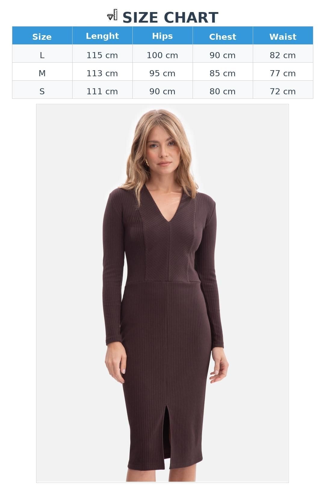 Love Lace Love Lace Women's Ribbed V Neck Midi Fitted Dress with Slit Style 218635 in Brown - 4