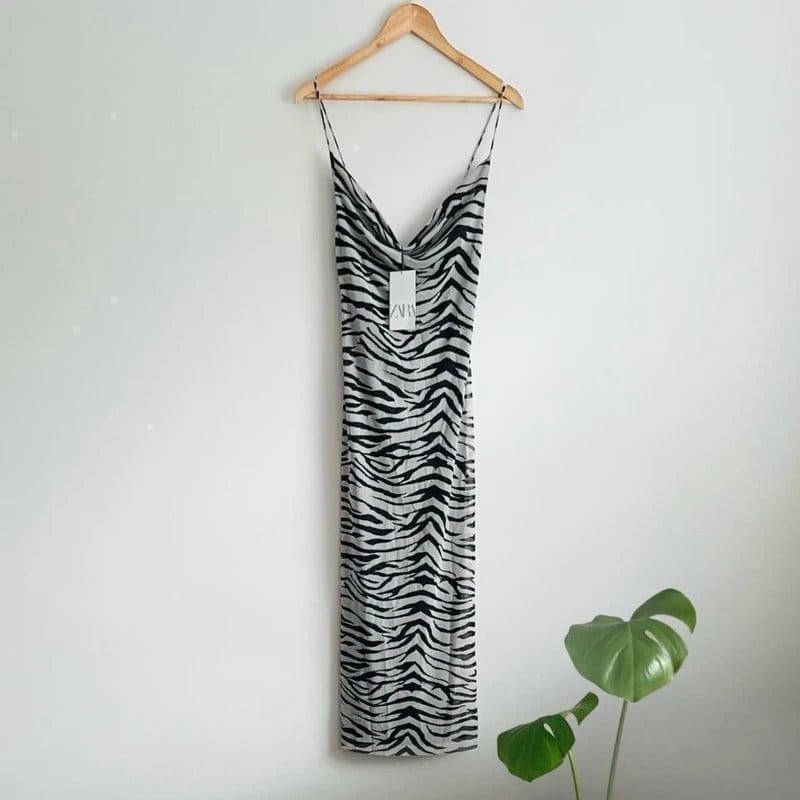 Zara Black Zebra Print Long Tulle Dress - Medium / UK 10