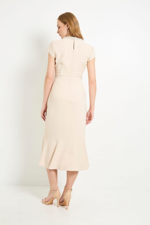 Wallis Wallis Women's Crepe Embellished Twist Midi Dress in Stone - 3