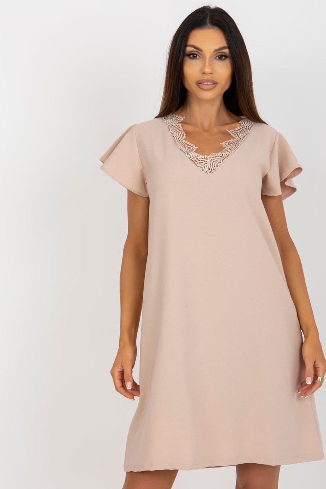 Love Lace Love Lace Women's Loose Fit Ruffle Sleeve Lace Neck Dress in Beige