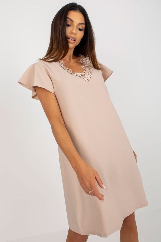 Love Lace Love Lace Women's Loose Fit Ruffle Sleeve Lace Neck Dress in Beige - 2