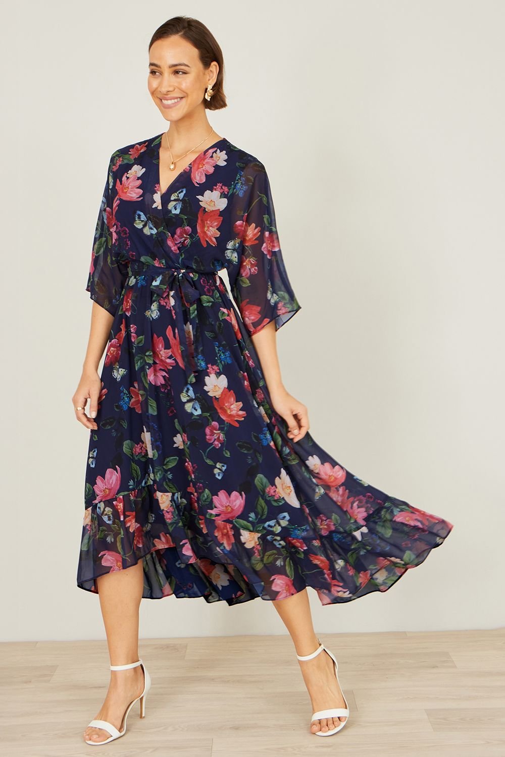 Yumi Yumi Women's Navy Floral Kimono Wrap Dress With Dip Hem - 2