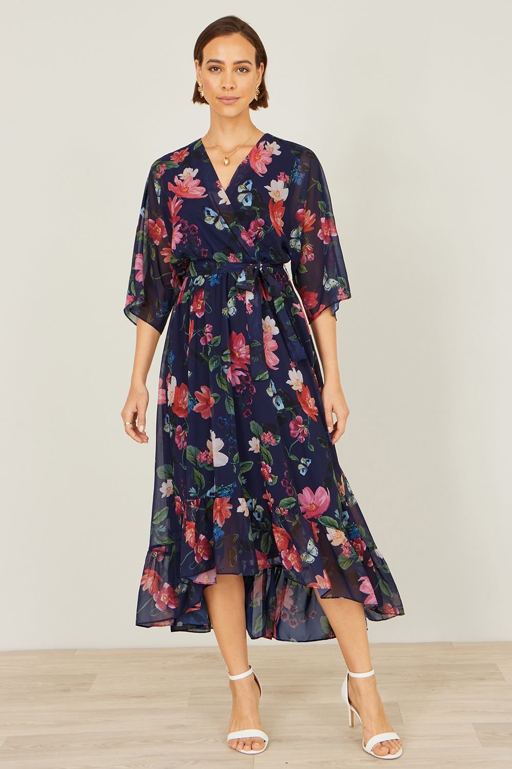 Yumi Yumi Women's Navy Floral Kimono Wrap Dress With Dip Hem - 3