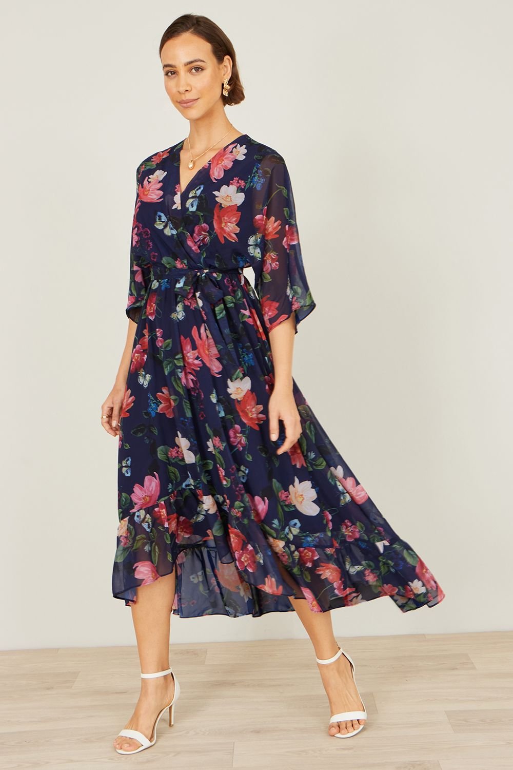 Yumi Yumi Women's Navy Floral Kimono Wrap Dress With Dip Hem - 4