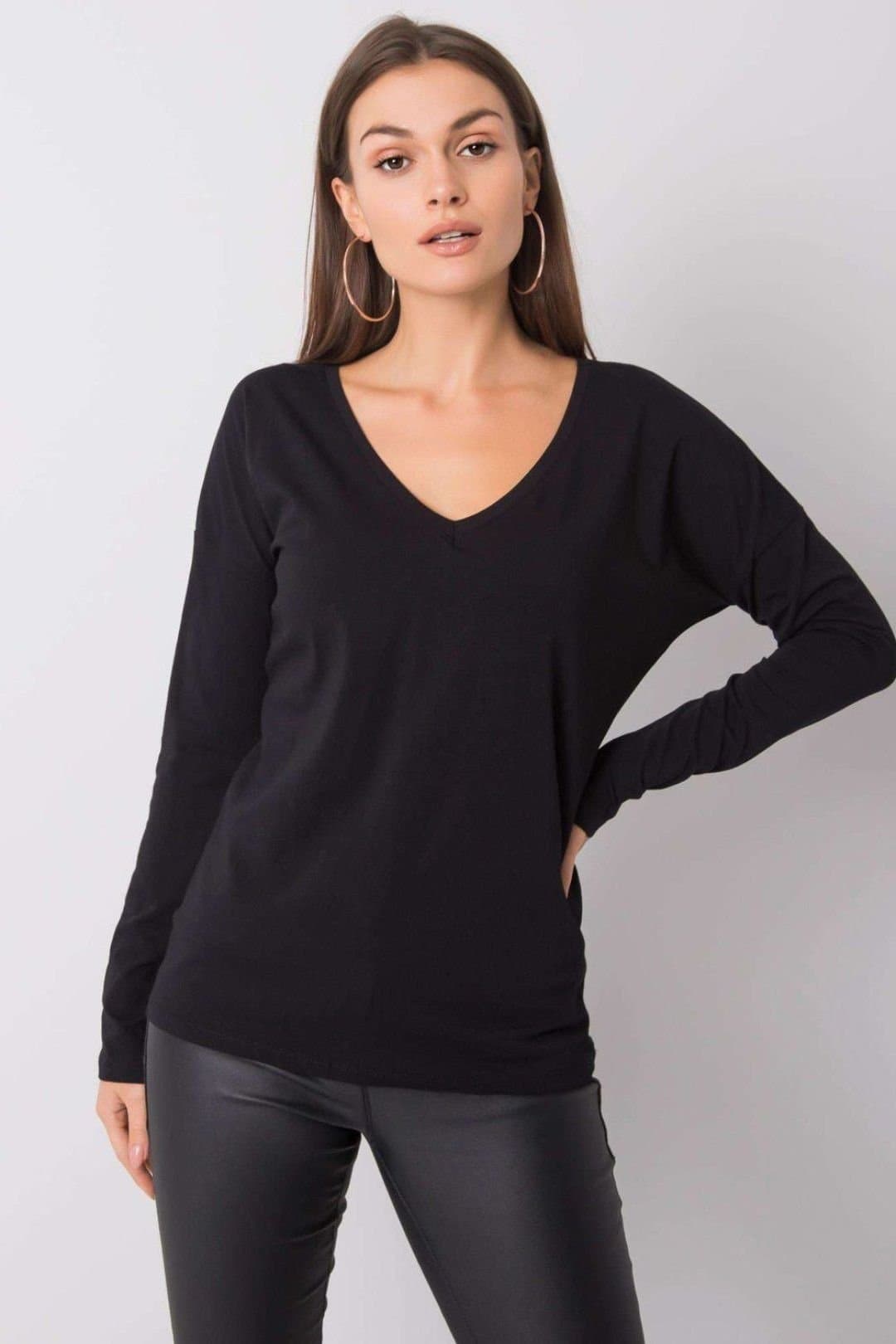 Love Lace Love Lace Women's Cotton Long Sleeve V Neck Blouse in Black