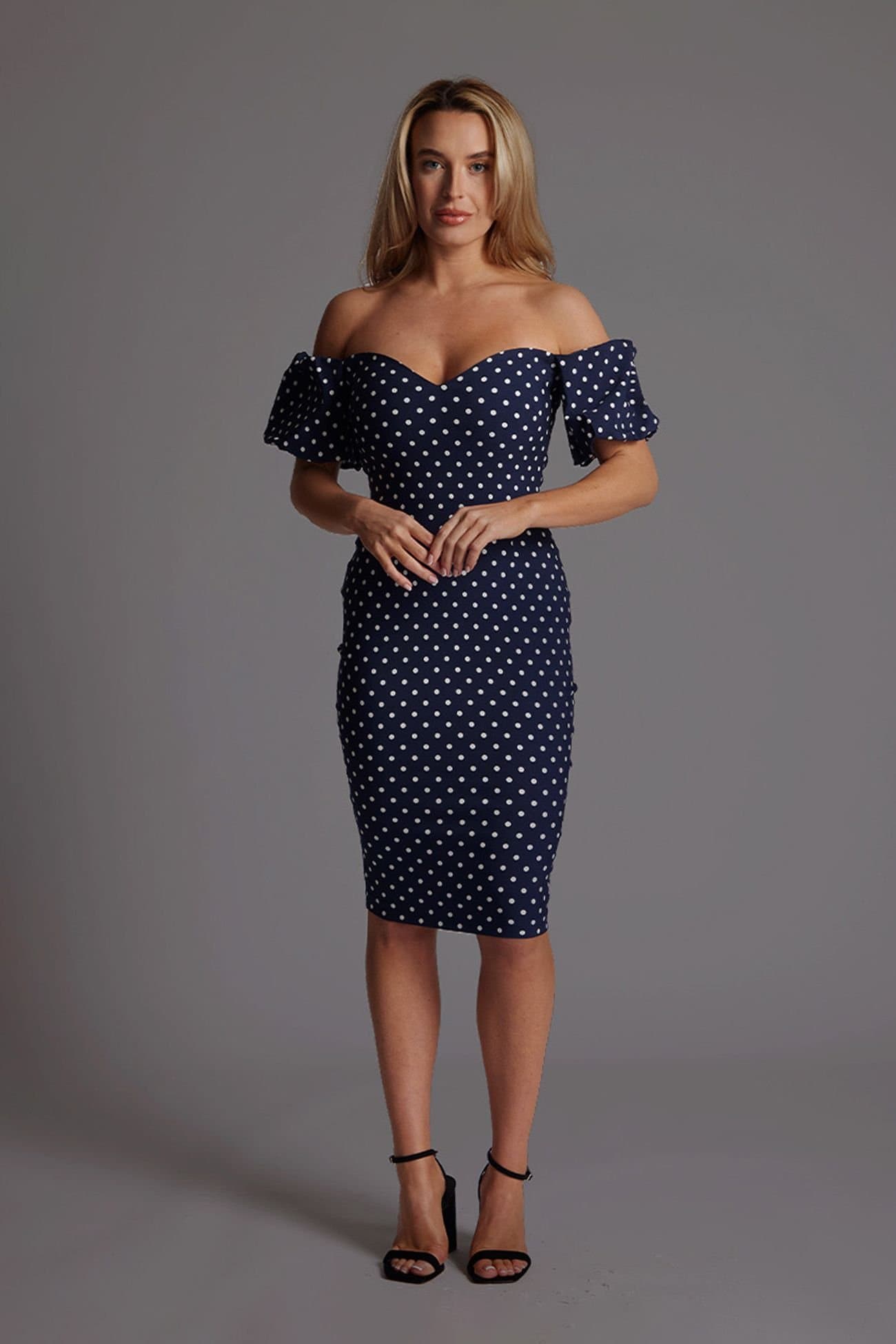 Vesper Vesper Women's Bardot Midi Dress with Puff Sleeves in Navy Polka Dot