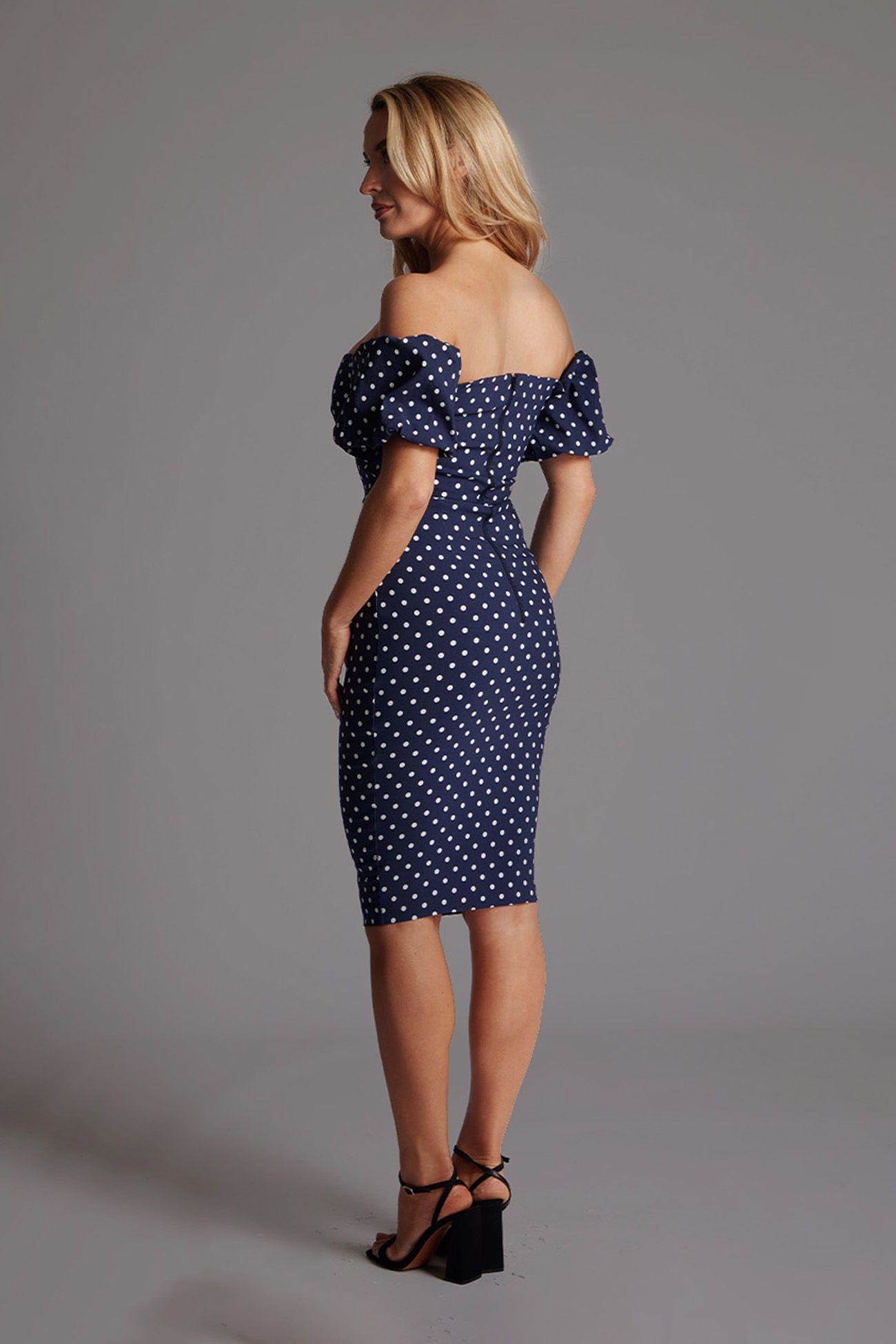 Vesper Vesper Women's Bardot Midi Dress with Puff Sleeves in Navy Polka Dot - 3