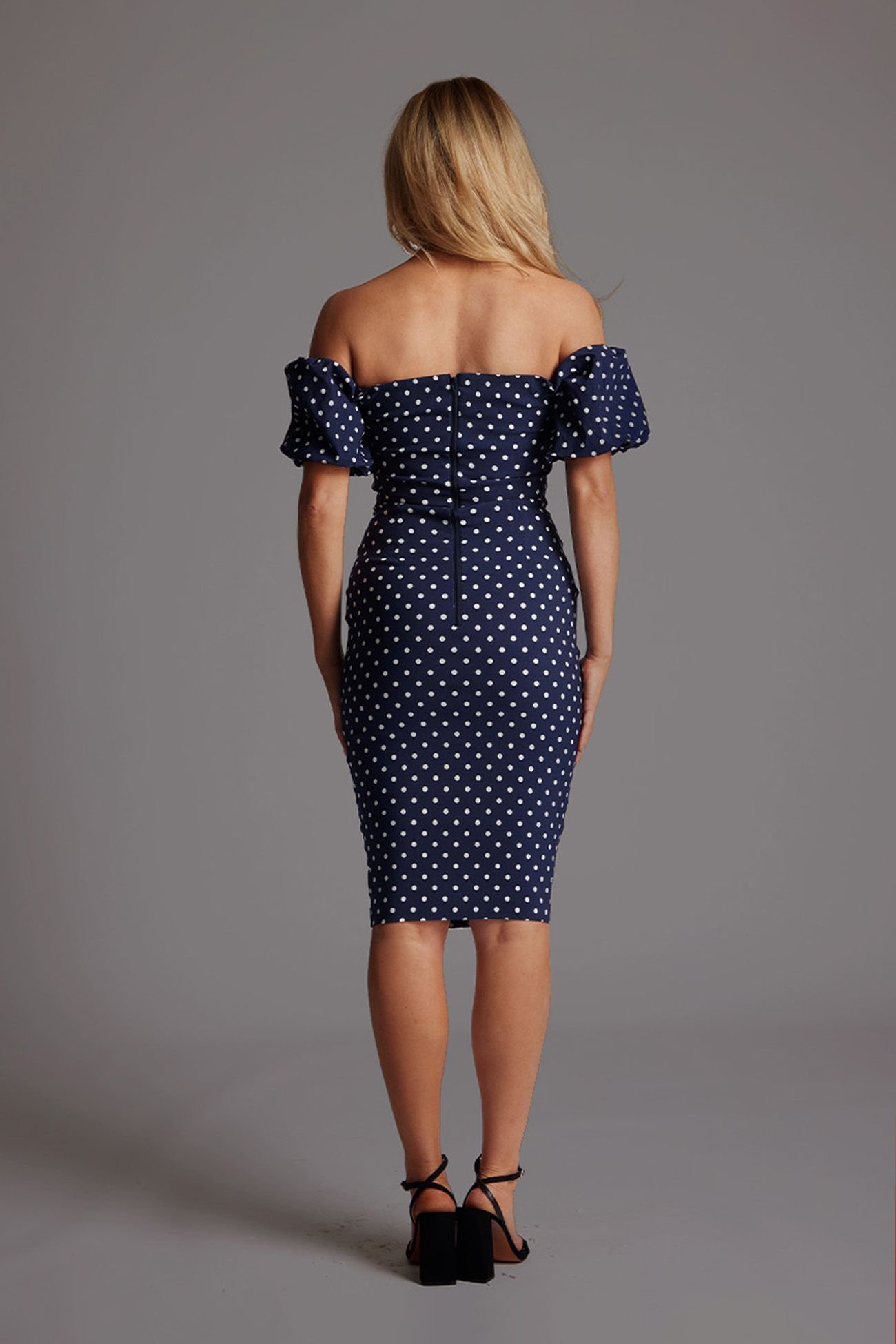 Vesper Vesper Women's Bardot Midi Dress with Puff Sleeves in Navy Polka Dot - 4