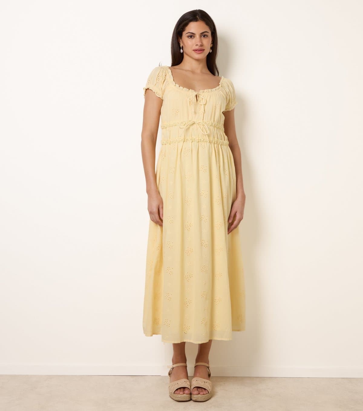 Blue Vanilla Women's Light yellow Broderie Anglaise Midi Dress Blue Vanilla New Look