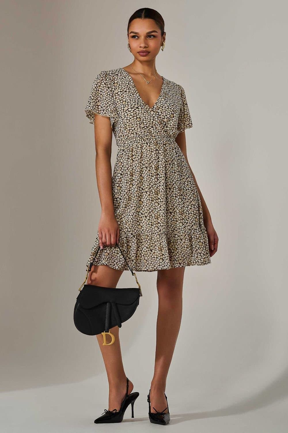 Jolie Moi Jolie Moi Women's Chiffon Short Sleeve Tie Waist Mini Dress in Beige
