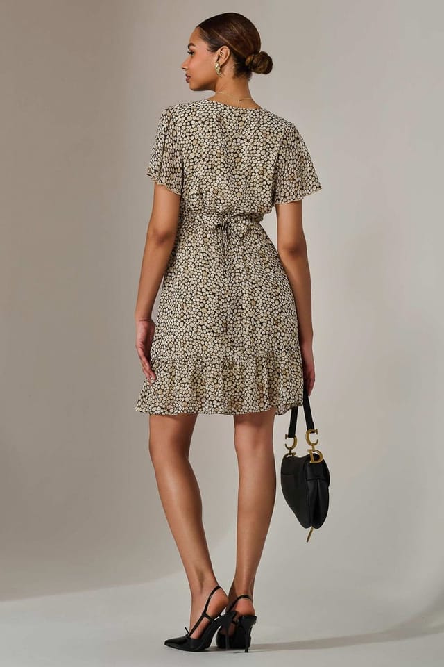 Jolie Moi Jolie Moi Women's Chiffon Short Sleeve Tie Waist Mini Dress in Beige - 2