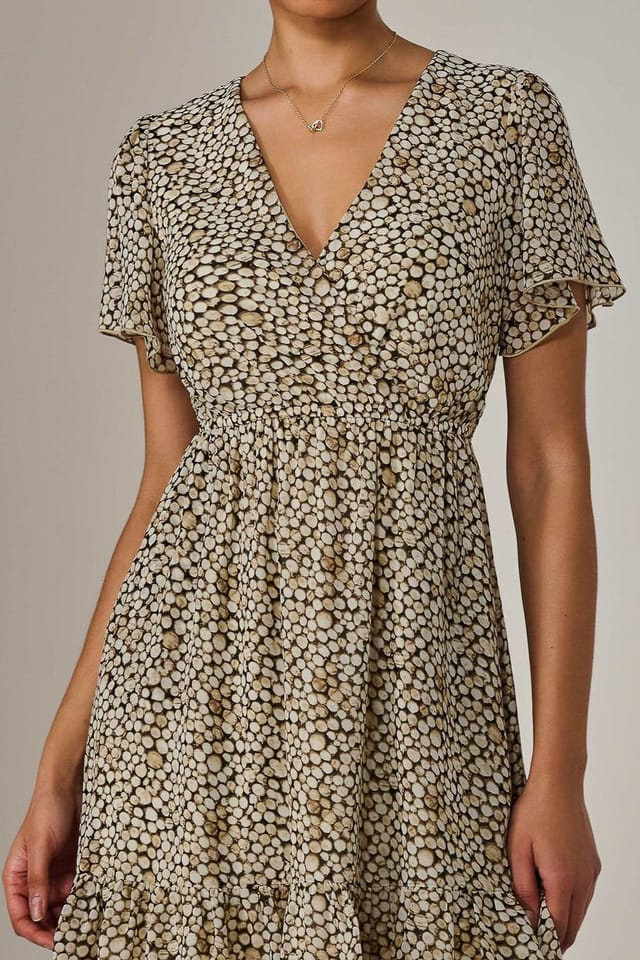 Jolie Moi Jolie Moi Women's Chiffon Short Sleeve Tie Waist Mini Dress in Beige - 3