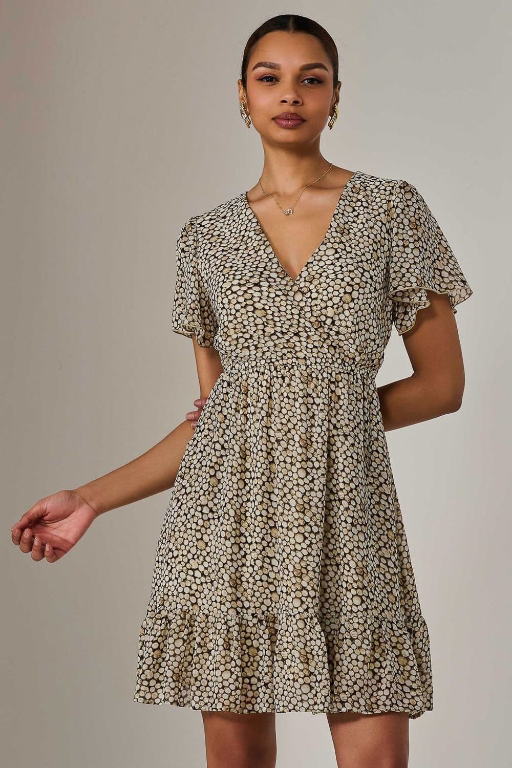 Jolie Moi Jolie Moi Women's Chiffon Short Sleeve Tie Waist Mini Dress in Beige - 4