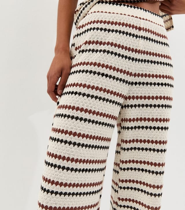 New Look Women's Cream Knitted Multi Stripe Beach Wide Leg Trousers New Look - 2