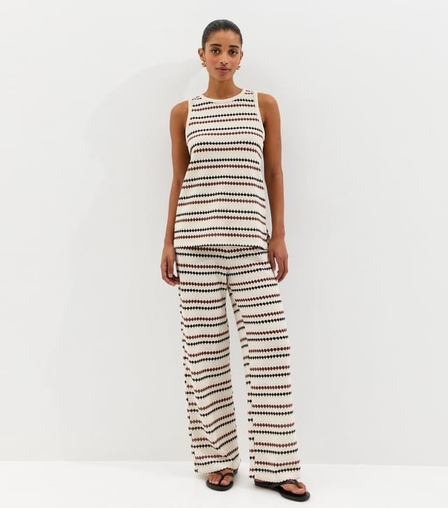 New Look Women's Cream Knitted Multi Stripe Beach Wide Leg Trousers New Look - 3