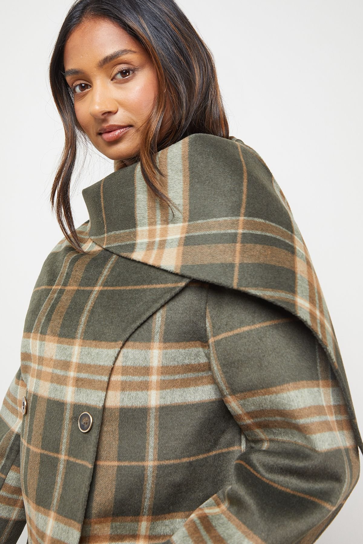 Oasis Oasis Women's Check Scarf Longline Jacket Coat in Taupe - 1